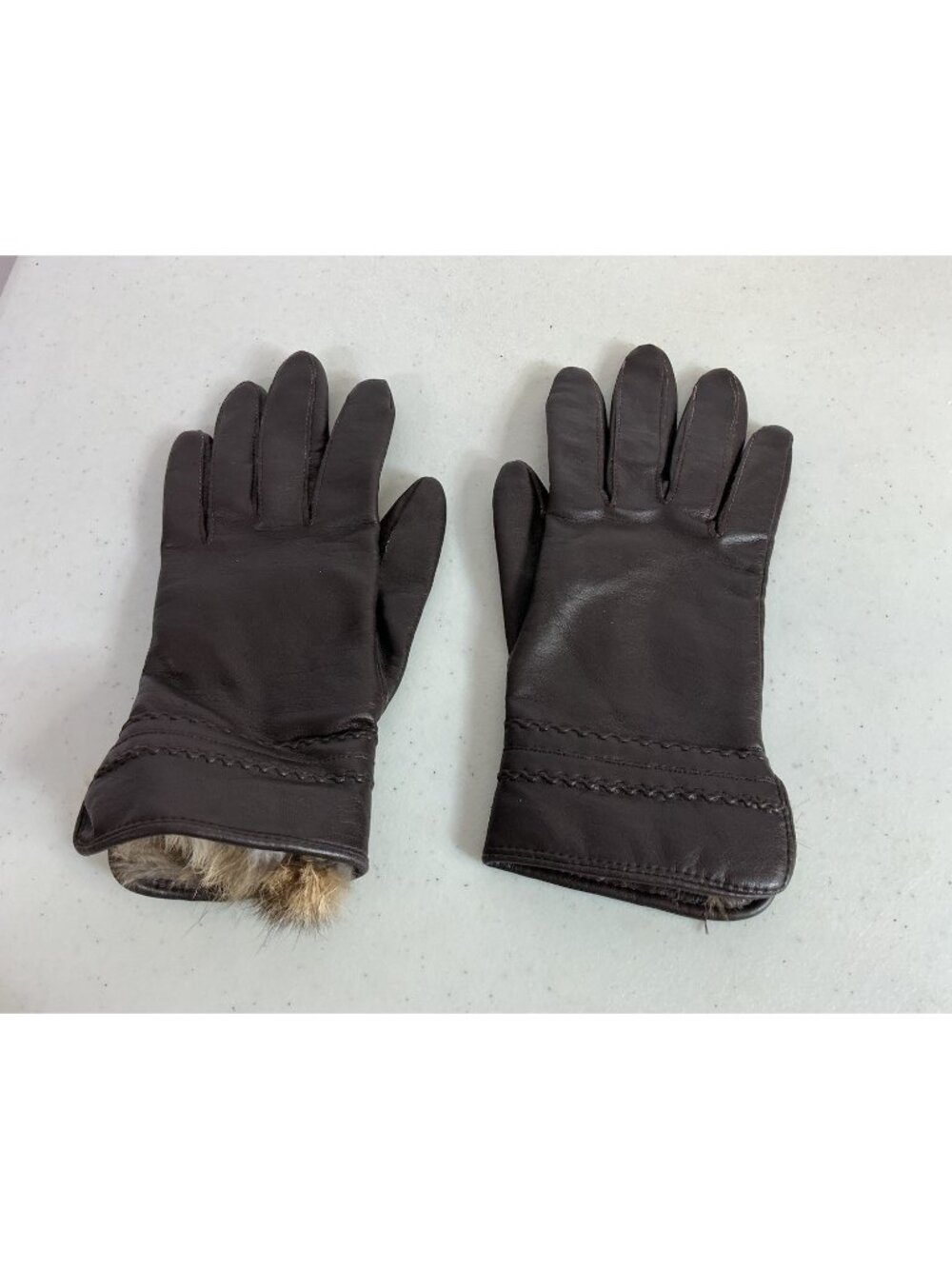 Brown Leather Gloves Real Rabbit Fur Trim Womens Small